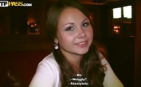 Young looking brunette Mystica sucks cock in public